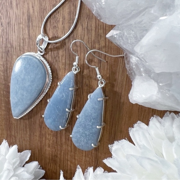 Angelite Pendant and Earrings Set Solid Sterling Silver 925 Handmade New - Picture 3 of 11